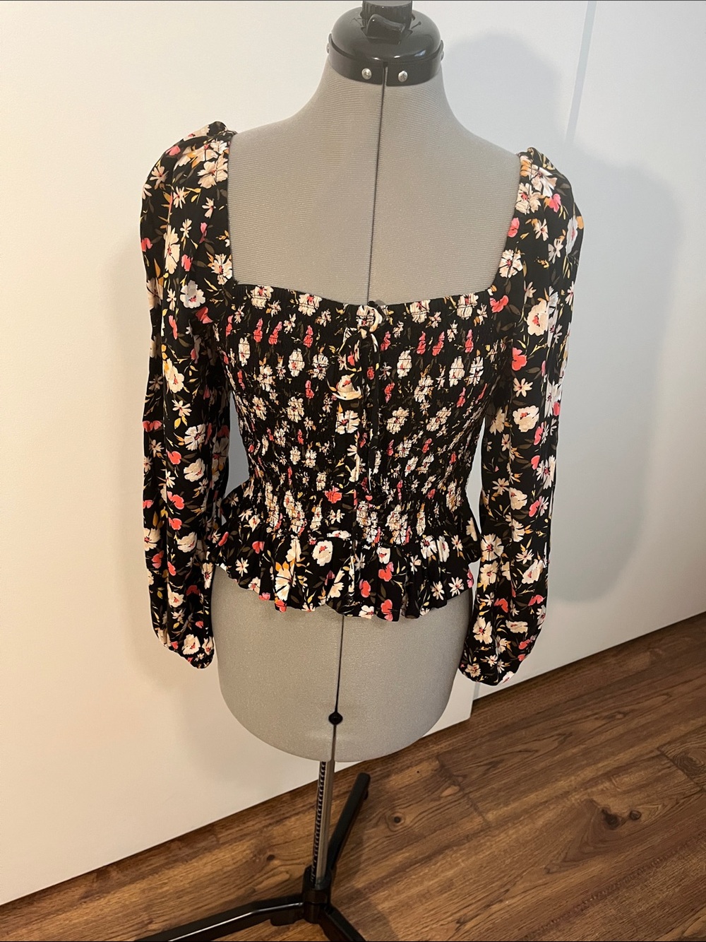 Patrons of Peace Black Floral Smocked Peplum Blouse
